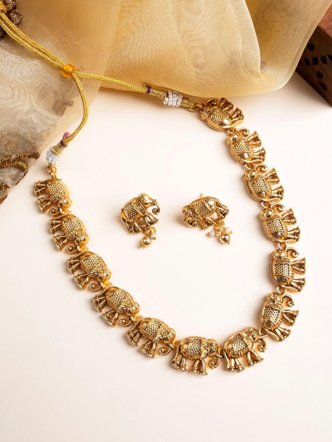 StileAdda Gold Matte Finish Gajanan Necklace Set With Earrings