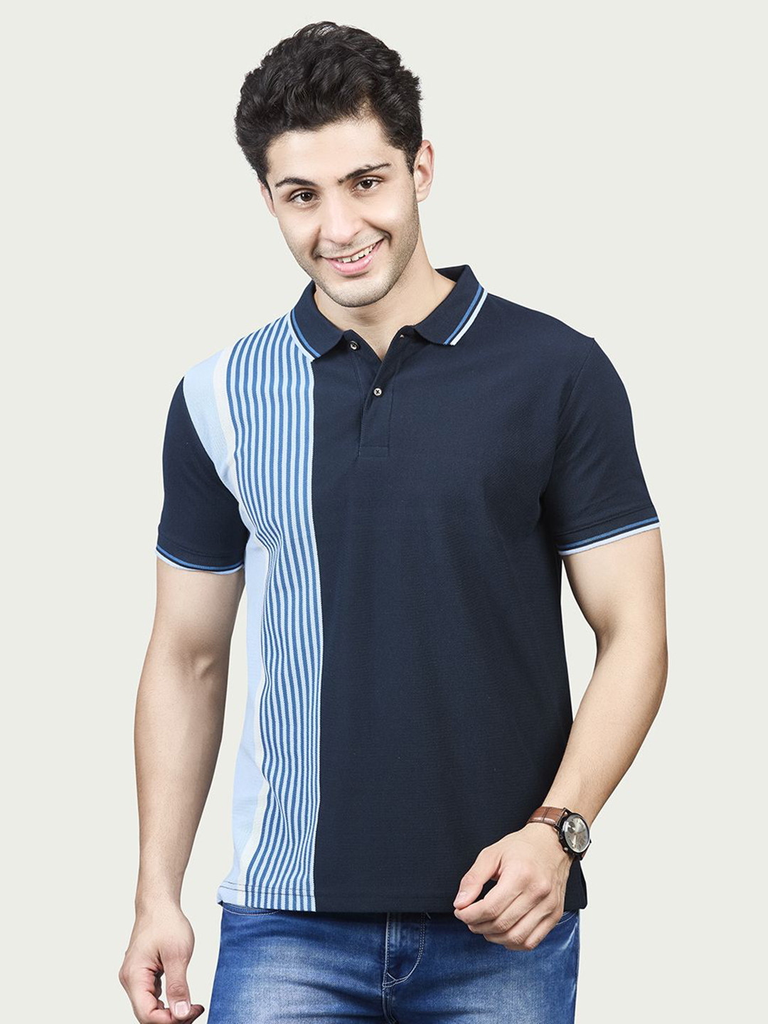 BE POSITIVE Men Striped Print Polo Collar T-shirt