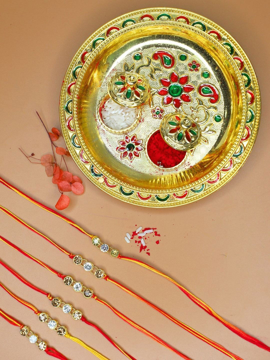 Anouk Set Of 6 Stones Studded Minimal Thread Rakhis With Card & Pooja Thali