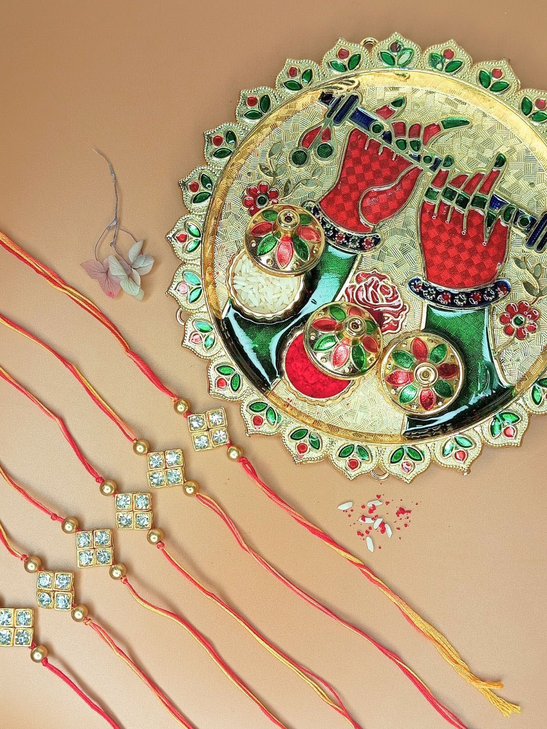 Anouk Set of 6 Dimaond-Shaped Rakhis With Thali Greeting Card & Roli Chawal