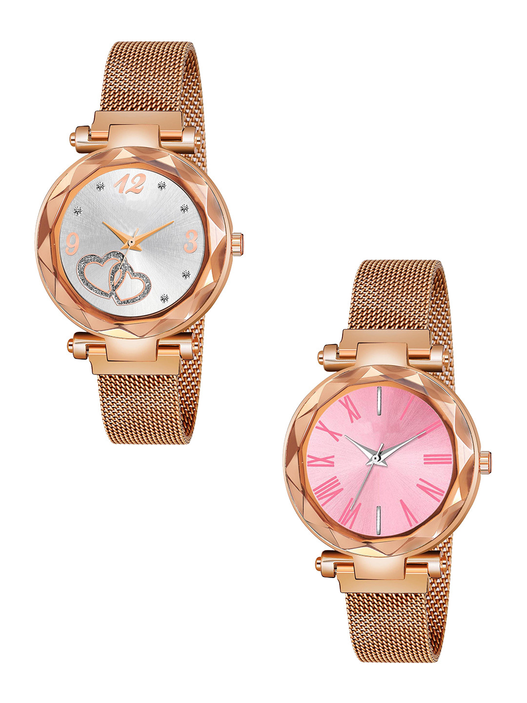 Gopal Shopcart Unisex Pack Of 2 Analogue Watch GR_101_Pink_Roman_Rose gold Maganet