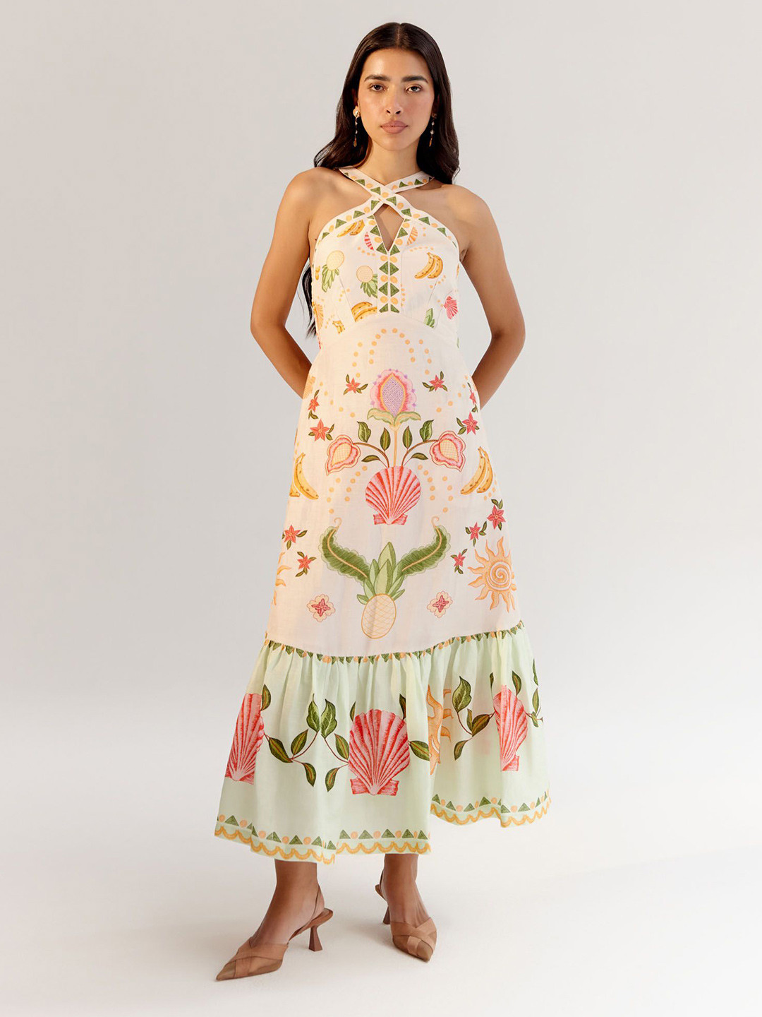 NOIB Women Aida Tropical Print Halter Neck A-Line Midi Dress