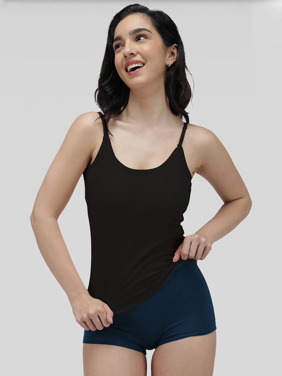 Amul Comfy Women's Cotton Black Plain/Solid Slips with Adjustable Straps - Pack of 10