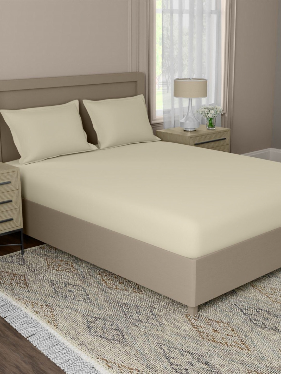 home expressions Cream-Coloured 500 TC Cotton Single Bedsheet Set -1.3716m X 2.2352m