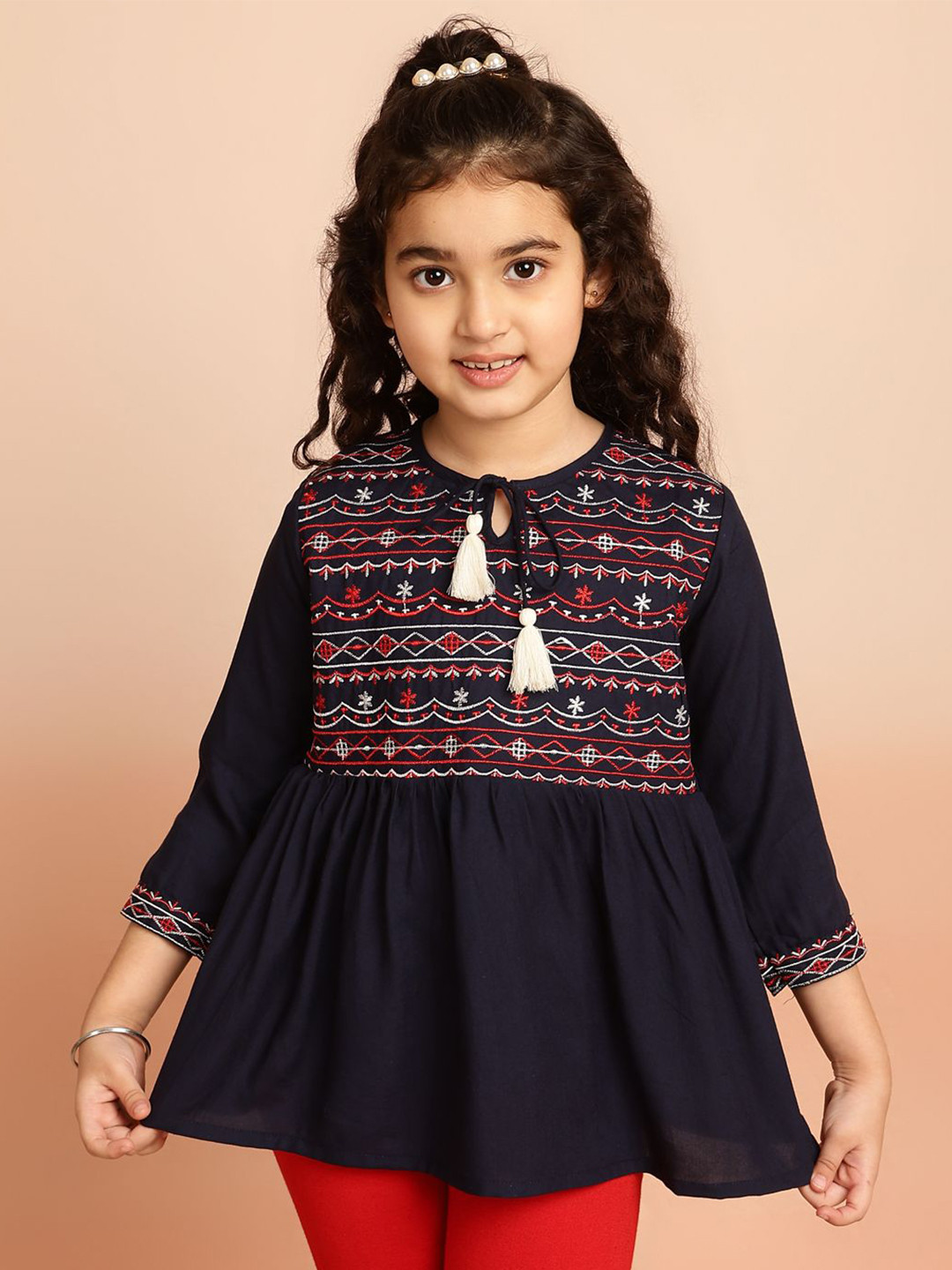 Miss & Chief Girls Embroidered Tie-Up Neck Top
