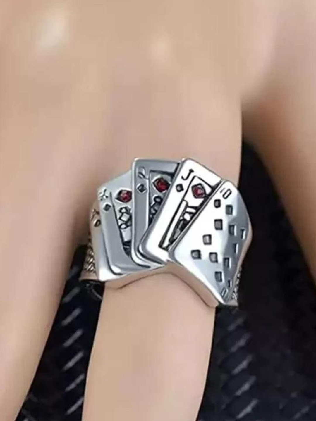 Zoey Silver-Plated Intricate Playing Cards Textured Adjustable Finger Ring