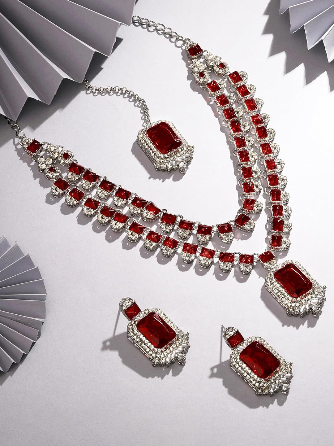 Atasi International Women American Diamond Emerald & Crystal Studded Jewellery Set