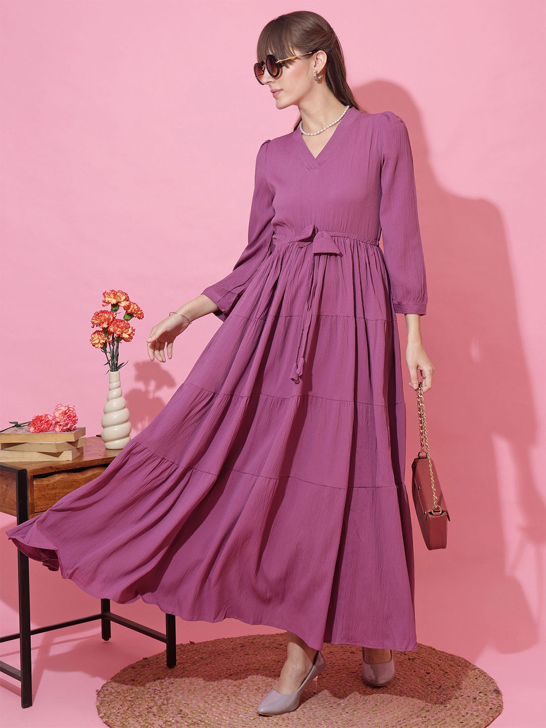 SHEETAL Associates Cuffed Sleeve Tiered Tie-Up Fit & Flare Maxi Dress