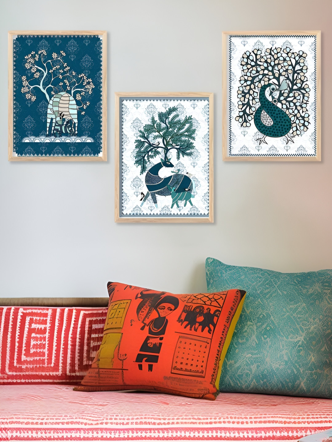 Kotart Teal Blue & White 3 Pieces Wooden Birds and Animals Madhubani Wall Arts