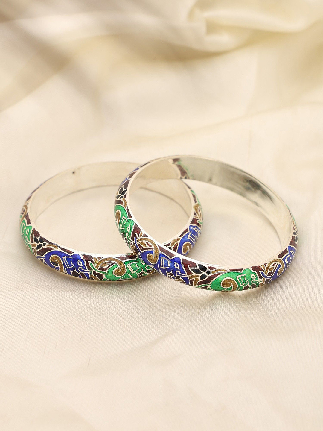 Exotic India Set Of 2 Sterling Silver Elephant Enamelled Bangles