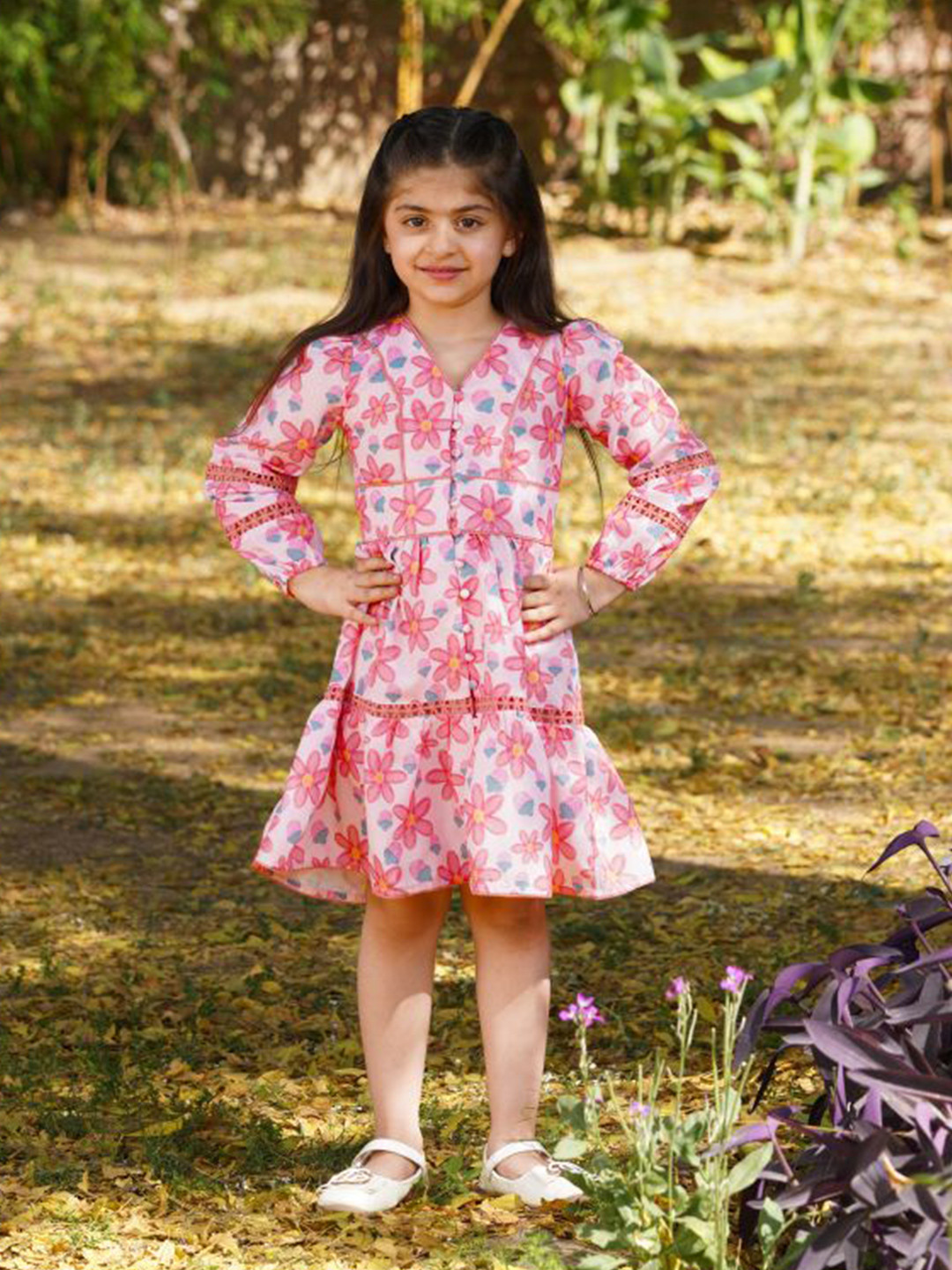 Cutie Patuti Girls Floral Print Bell Sleeve A-Line Dress