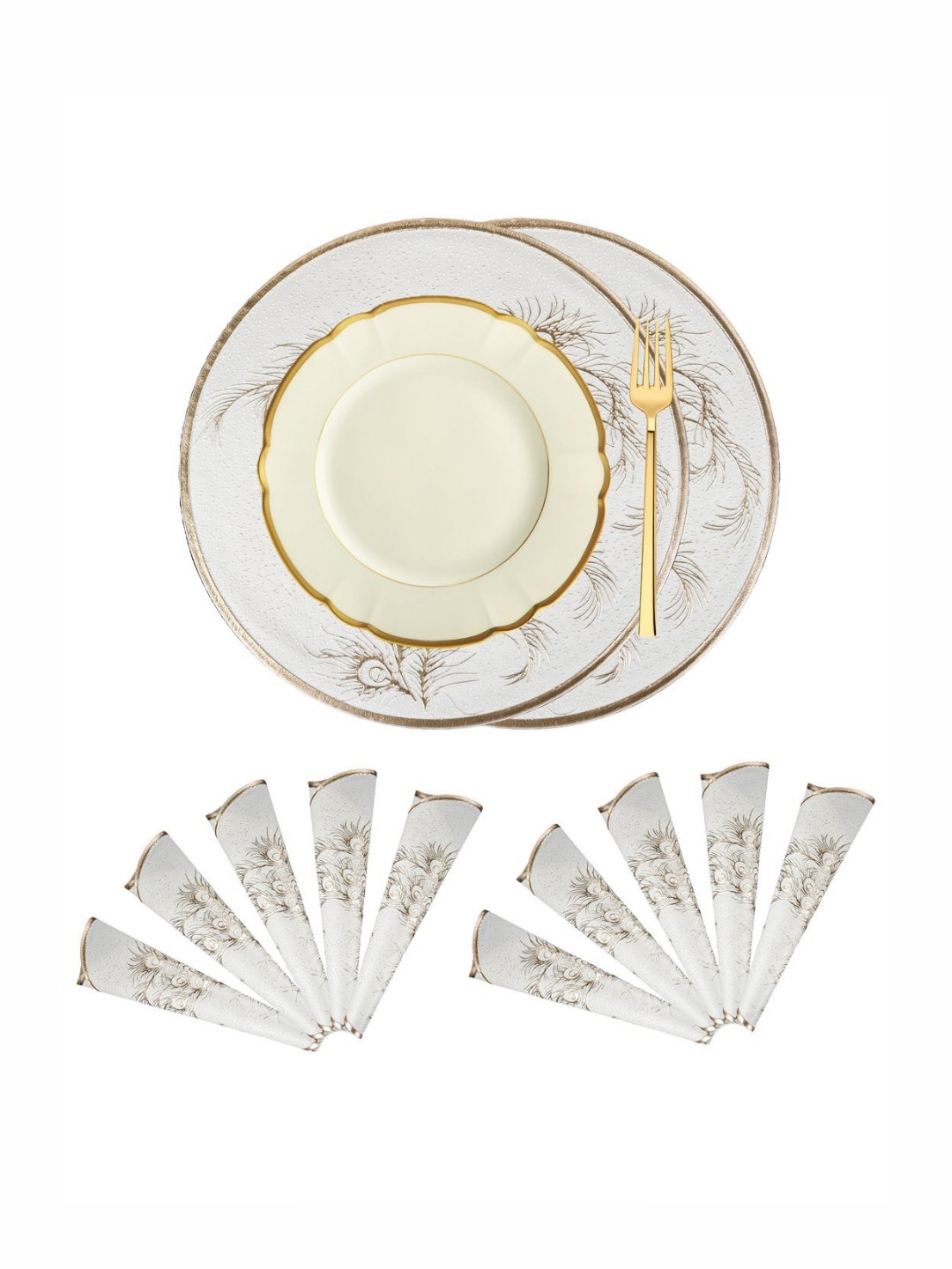 Aura Beige 12 Pieces Mor Pankh-Printed Heat-Resistant Leather Round Table Placemats