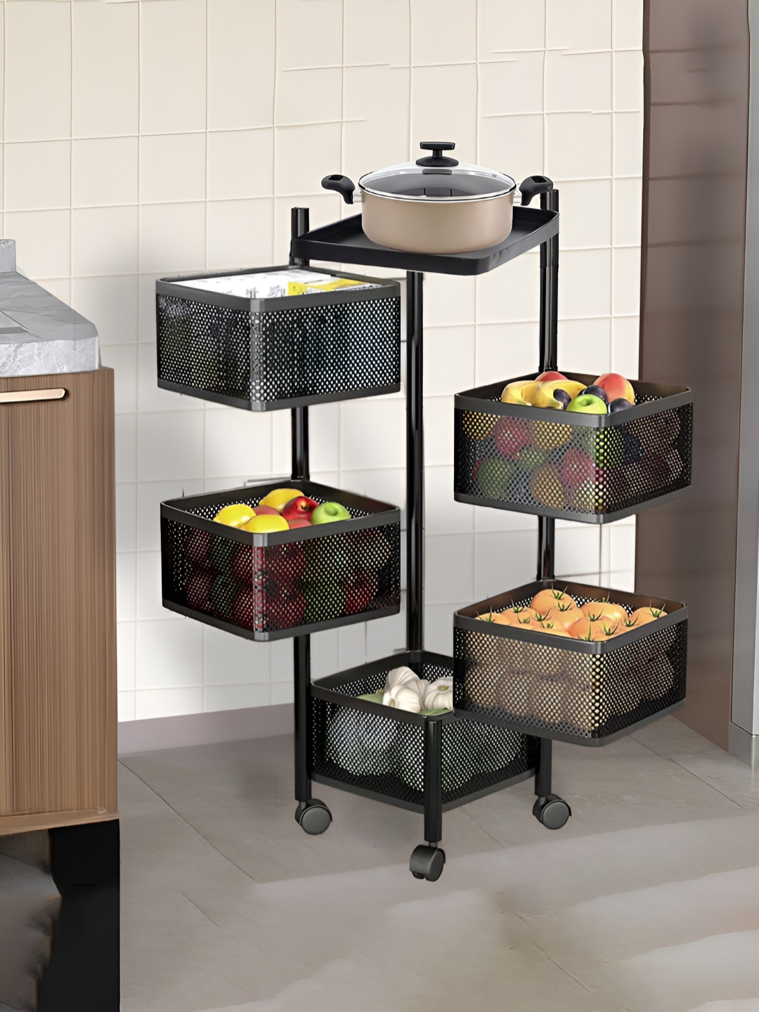 Aura Black Metal Revolving 4-Layer Multipurpose Storage Rack With Wheels