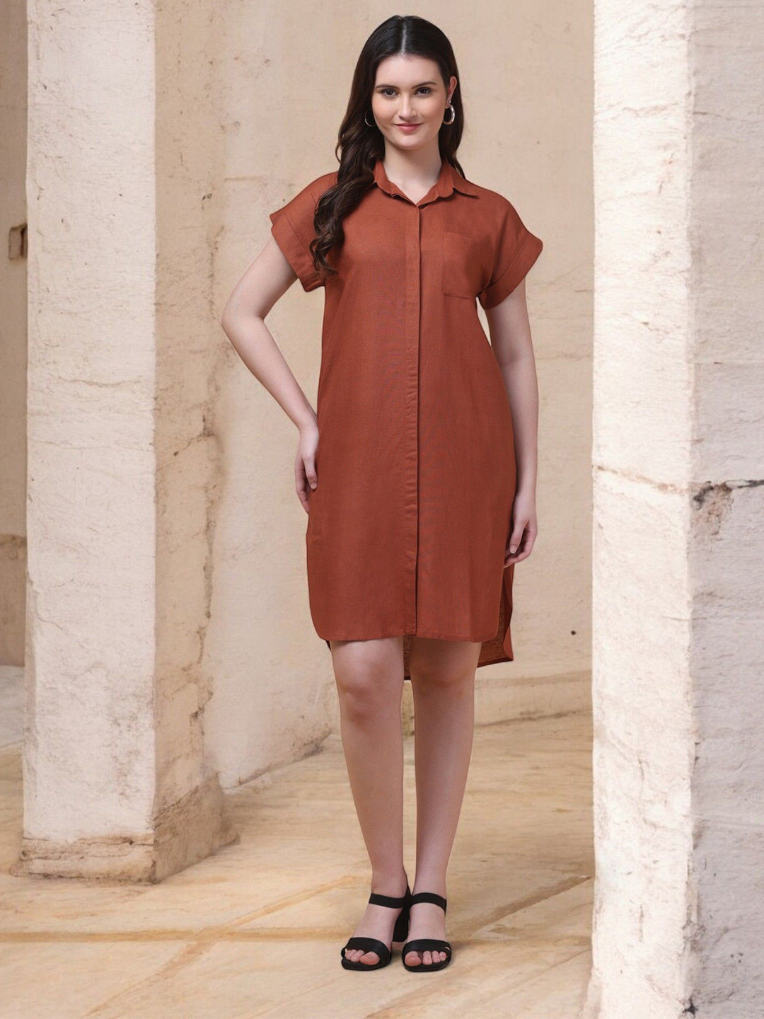 INUKA Rust Solid Short Sleeves Knee Length Shirt Dress