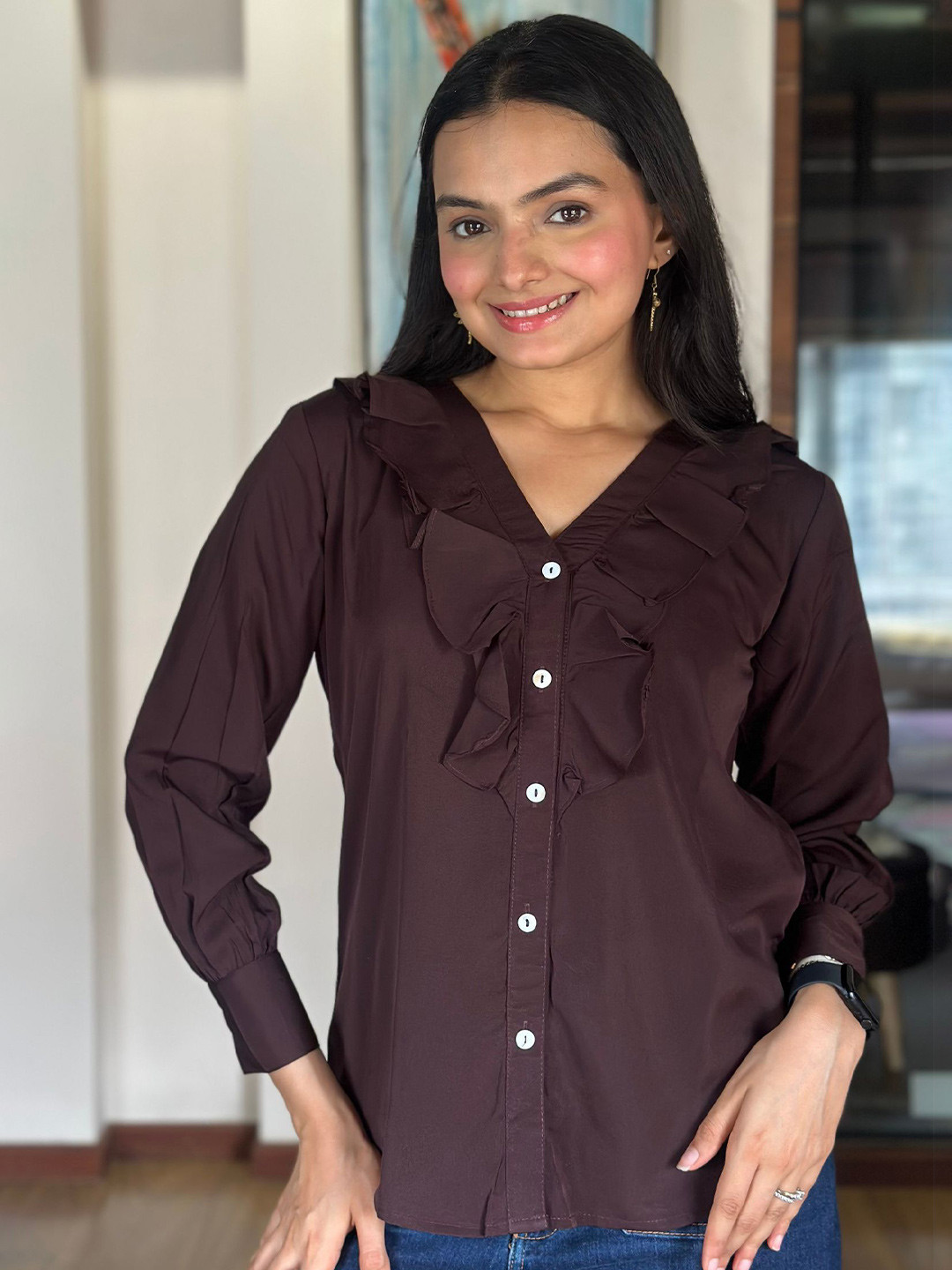 J Turritopsis Women V Neck Ruffles Detail Casual Shirt