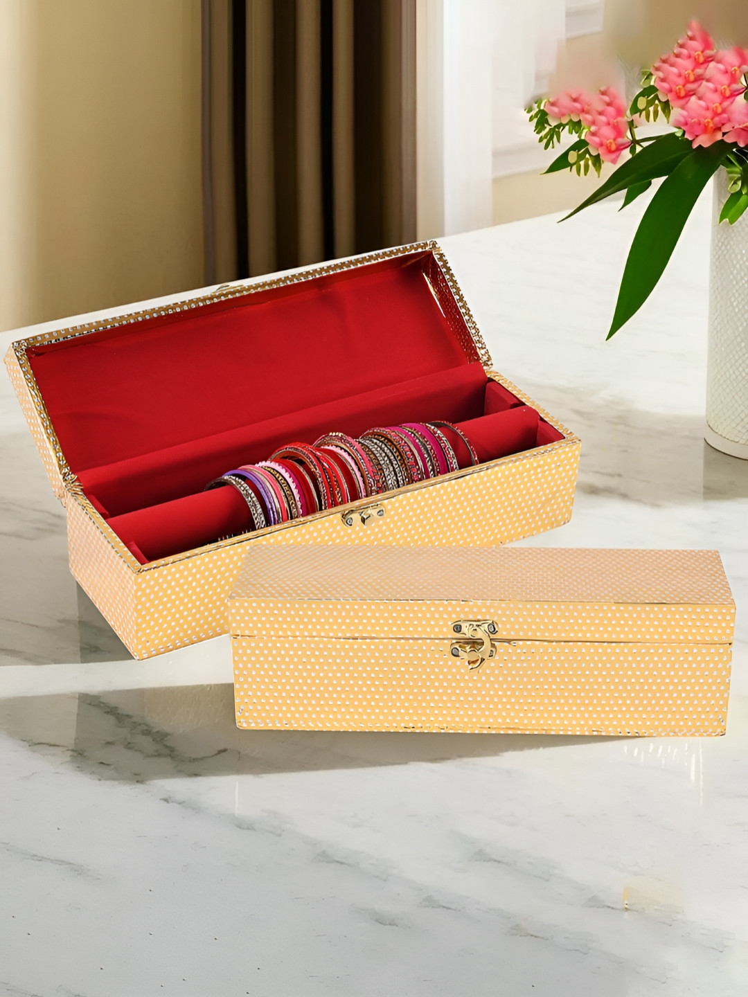 Aura Gold-Toned & Red 2 Pieces Printed Velvet 1 Rod Jewellery Organisers