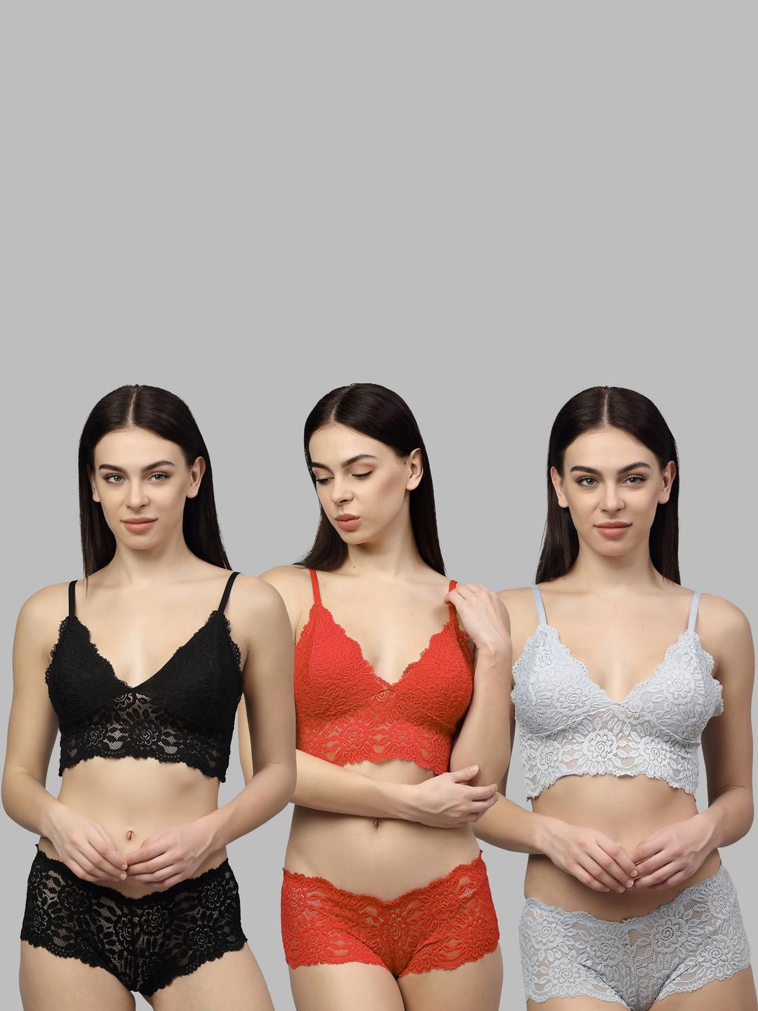 Women Black,Red,Grey Net Bra Panty Set for Lingerie Set Undergarments Pack of 3