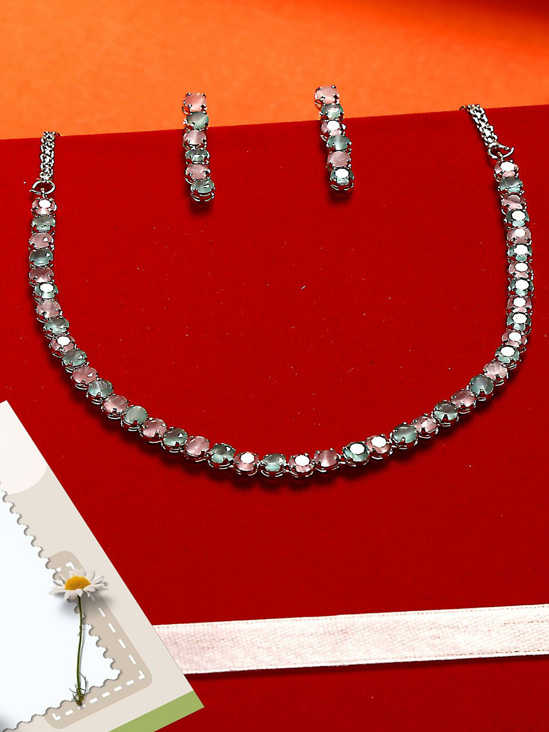 Gemron Jewel Rhodium-Plated Zirconia & American Diamond Necklace & Earrings Jewellery Set