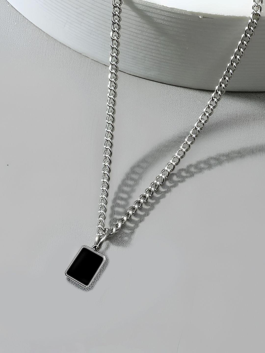 Carlton London Men Stainless Steel Square Shaped Stone Studded Pendant With Chain