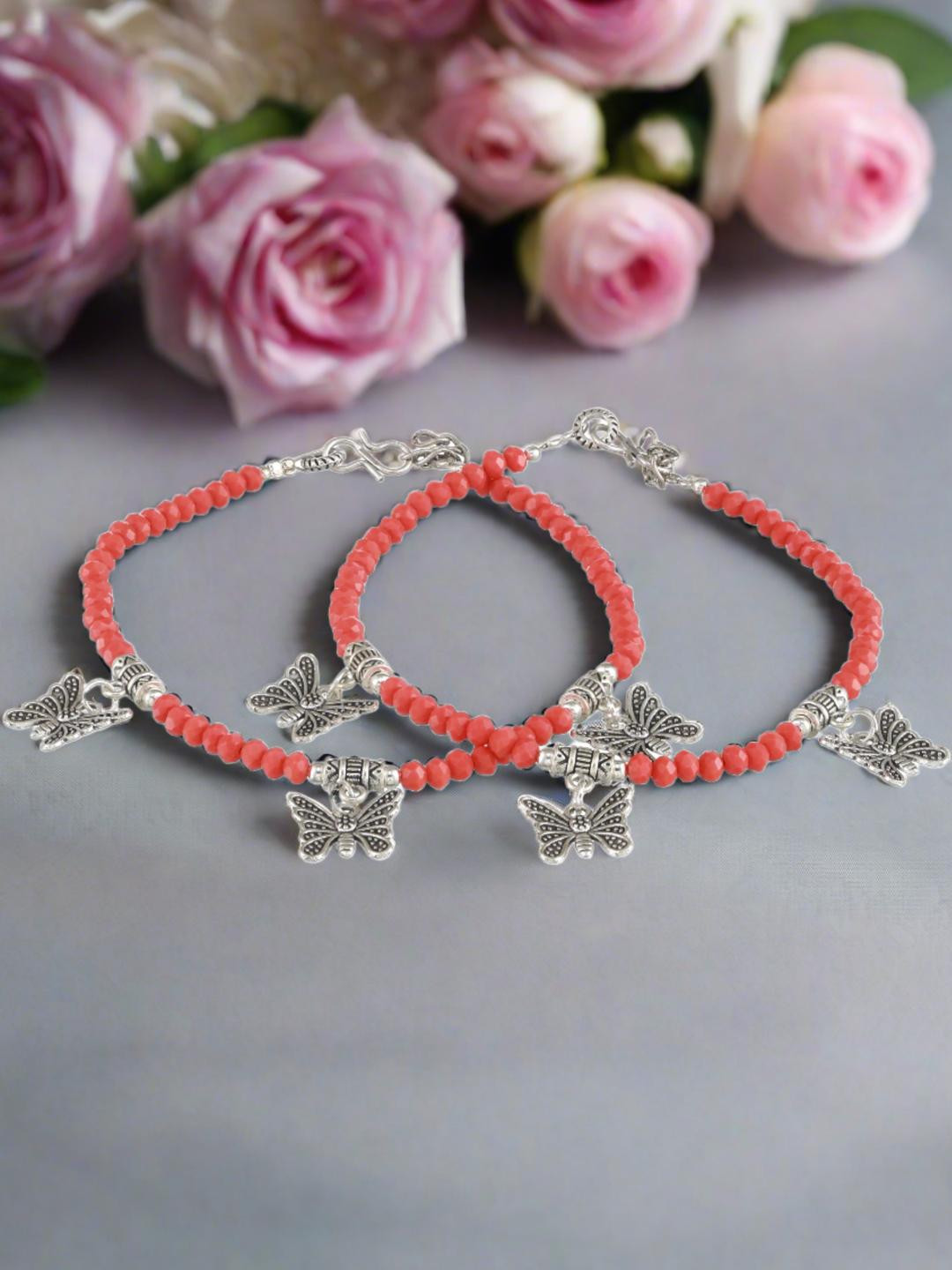 Set of 2 Butterfly Charms Beaded Handcrafted Anklets
