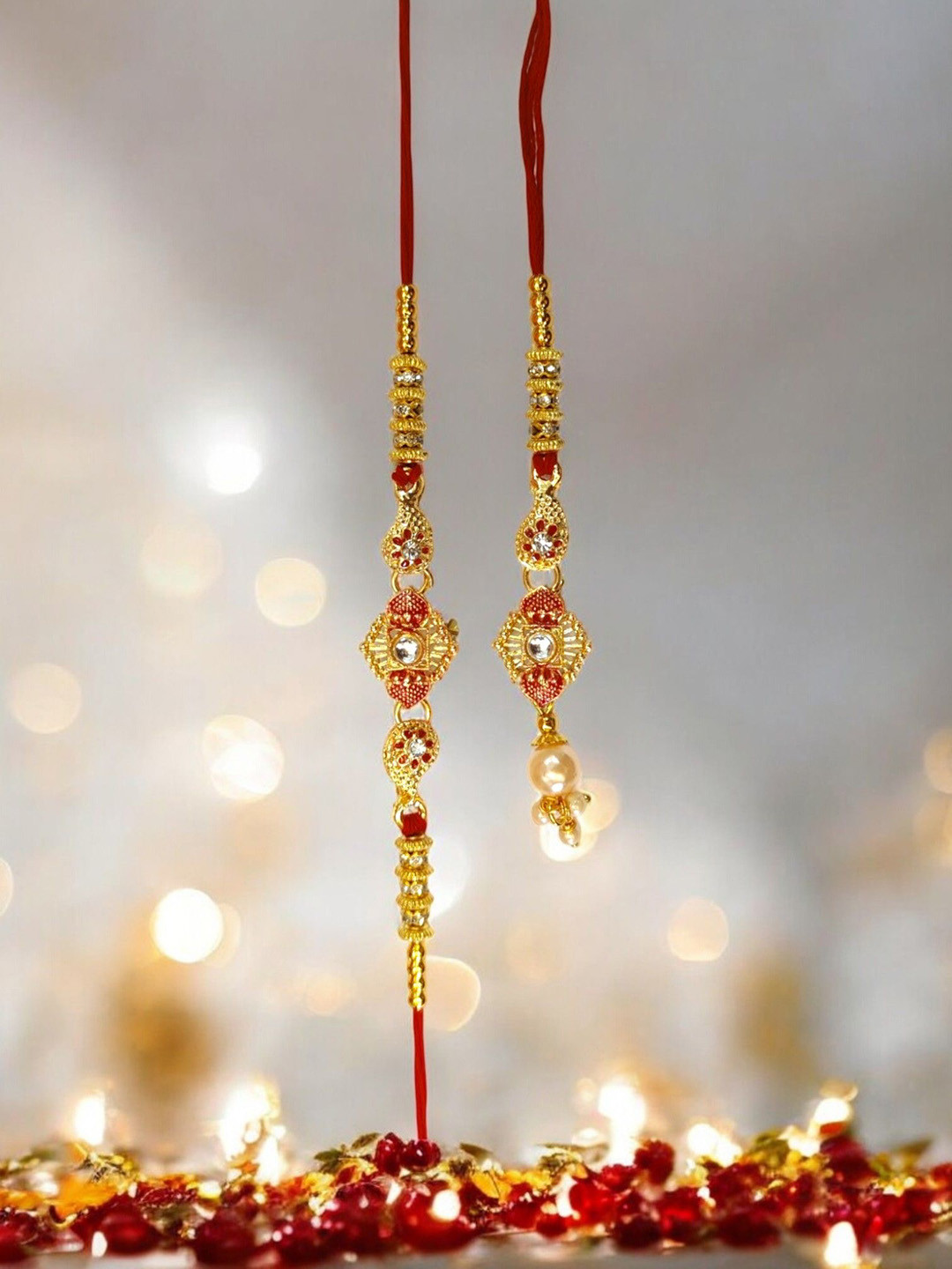 MISHAV Artificial Stones Studded And Beaded Bhaiya Bhabhi Rakhis With Roli Chawal