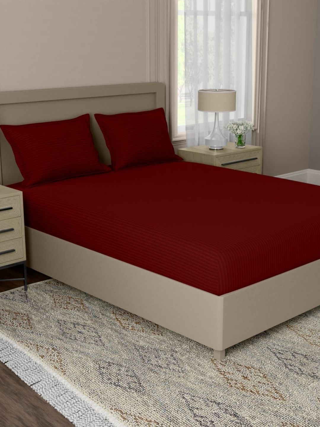 home expressions Palette Maroon Striped Satin 210TC Fitted King Bedsheet Set 1.80m x 1.98m