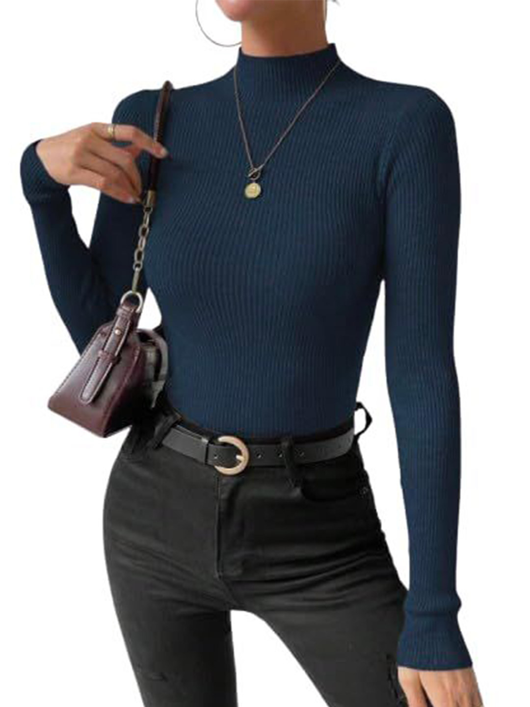 ZEROZABAR Women Ribbed Mock Neck Long Sleeves Fitted Top