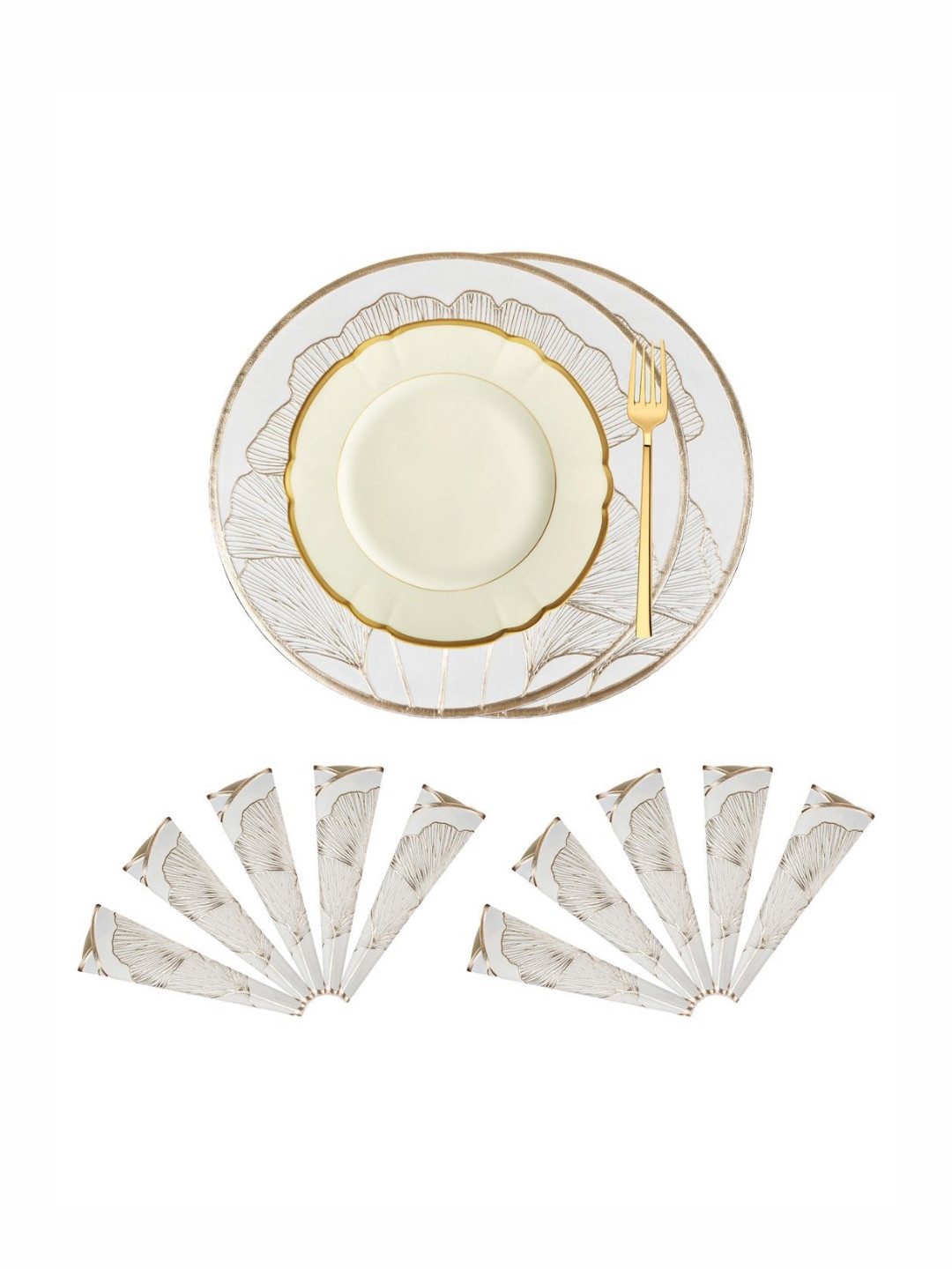 Aura Cream12-Pcs Ginko Leaf-Patterned Heat-Resistant Leather Round Table Placemats