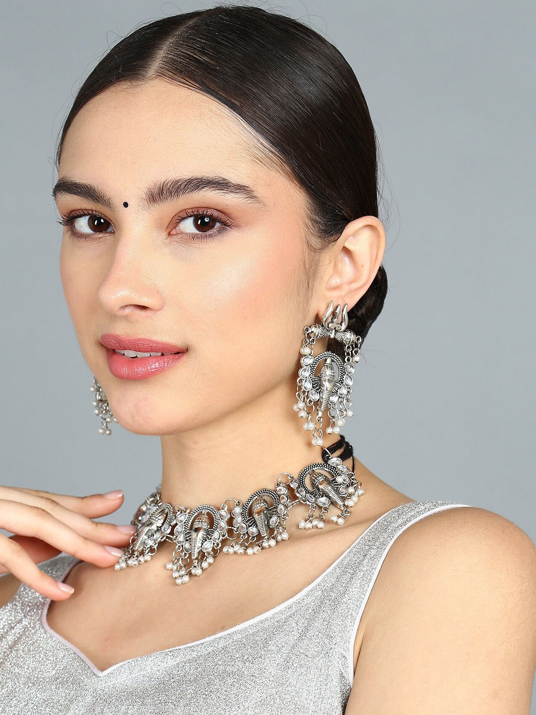 Samridhi DC Artificial Stones Studded & Beaded Ganesha Necklace & Earrings