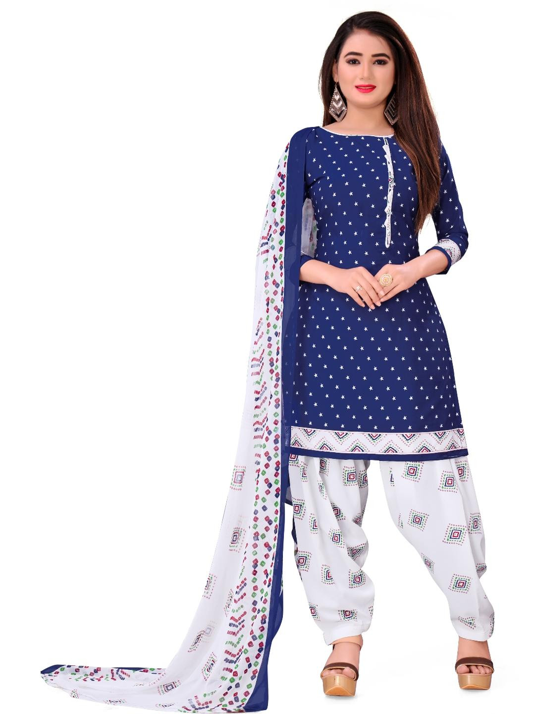 Unstitched Printed Cotton Blend Kurta & Patiyala Dress Material with Dupatta