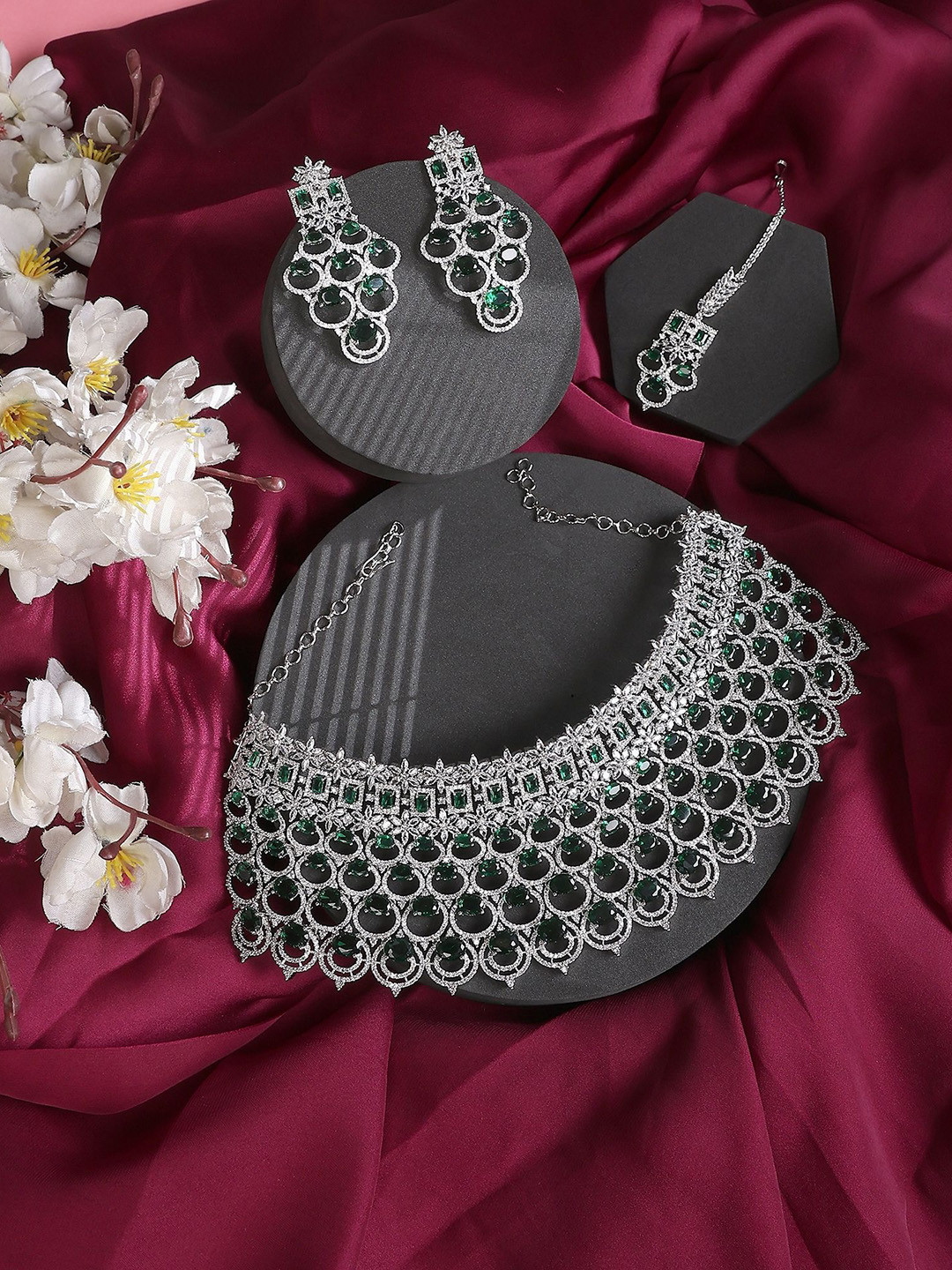 Opal Touch Women Rhodium-Plated Cubic Zirconia Chocker Studded Jewellery Set