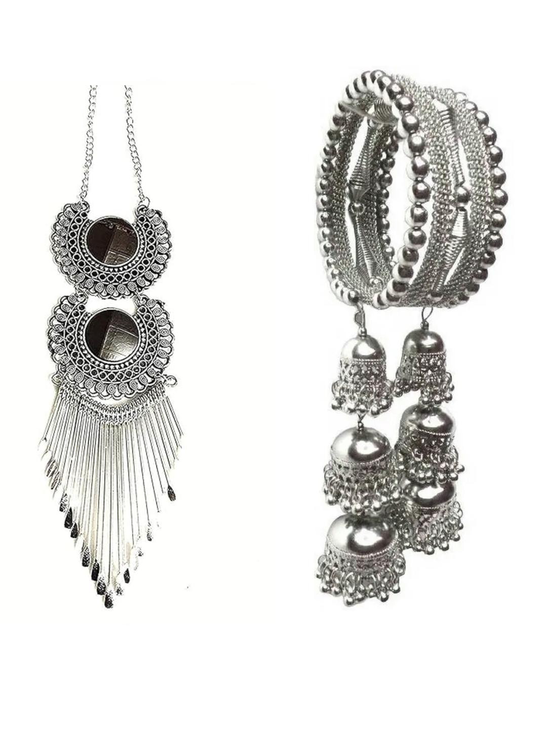 Silver Oxidized Necklace with JhumkiBracelet