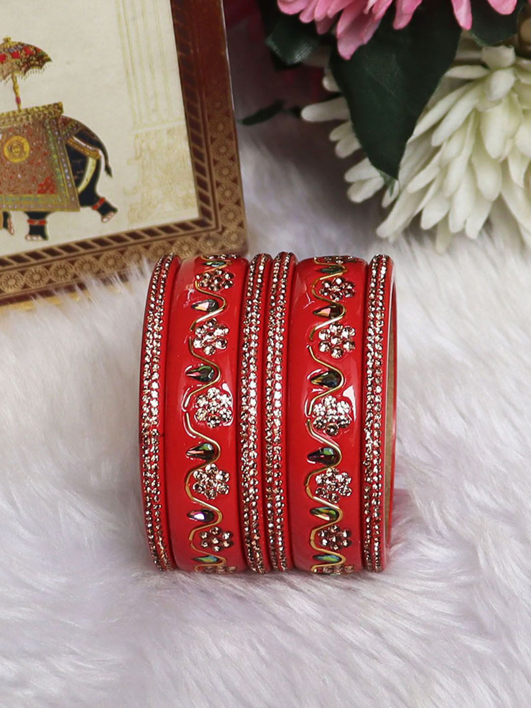 TAJ BRIDAL STORE Set Of 6 Kundan-Rhinestones Studded Bangles