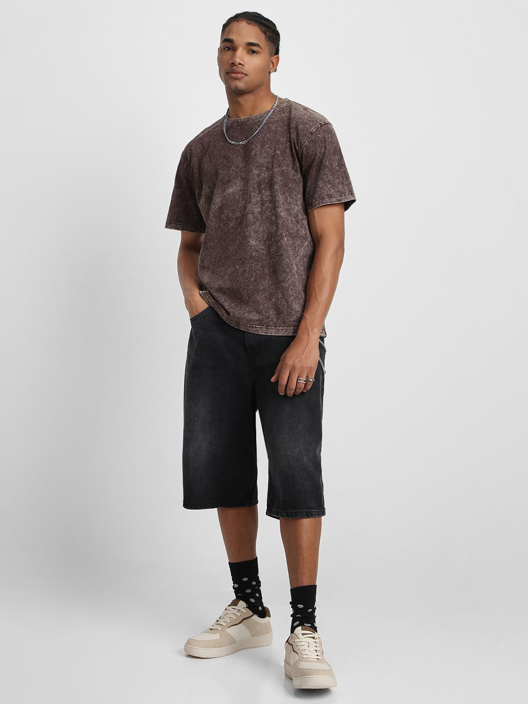 VEIRDO Men Brown Acid Wash Printed Drop-Shoulder Sleeves Pure Cotton Oversize T-shirt