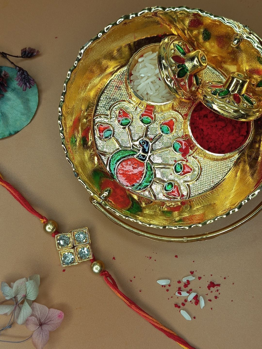 Anouk Stones Studded Diamond Shaped Rakhi With Pooja Thali Greeting Card & Roli Chawal