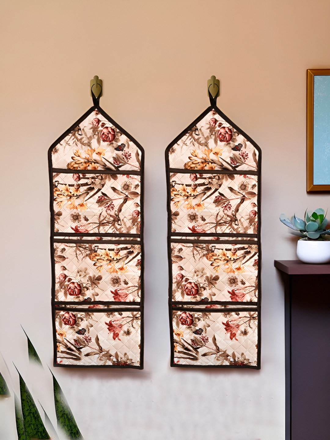 Aura Cream And Brown 2 Pieces Flower Quilted Printed Wall Hangings Decor