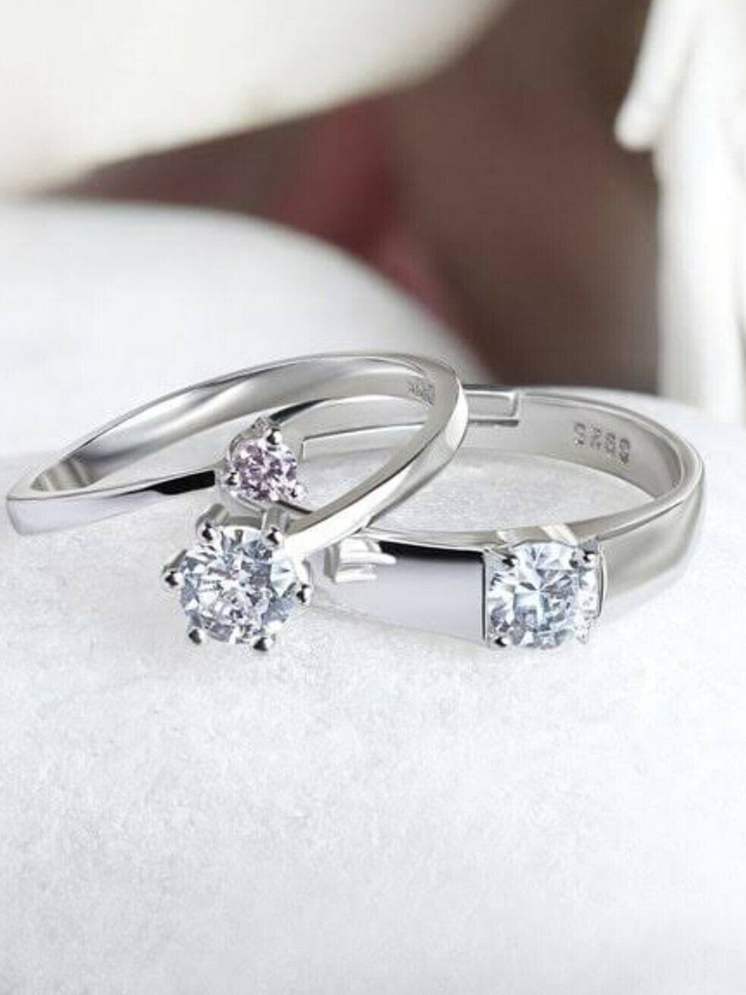 V FASHION JEWELLERY Unisex Set Of 2 Sliver-Plated CZ-Studded Couple Finger Rings
