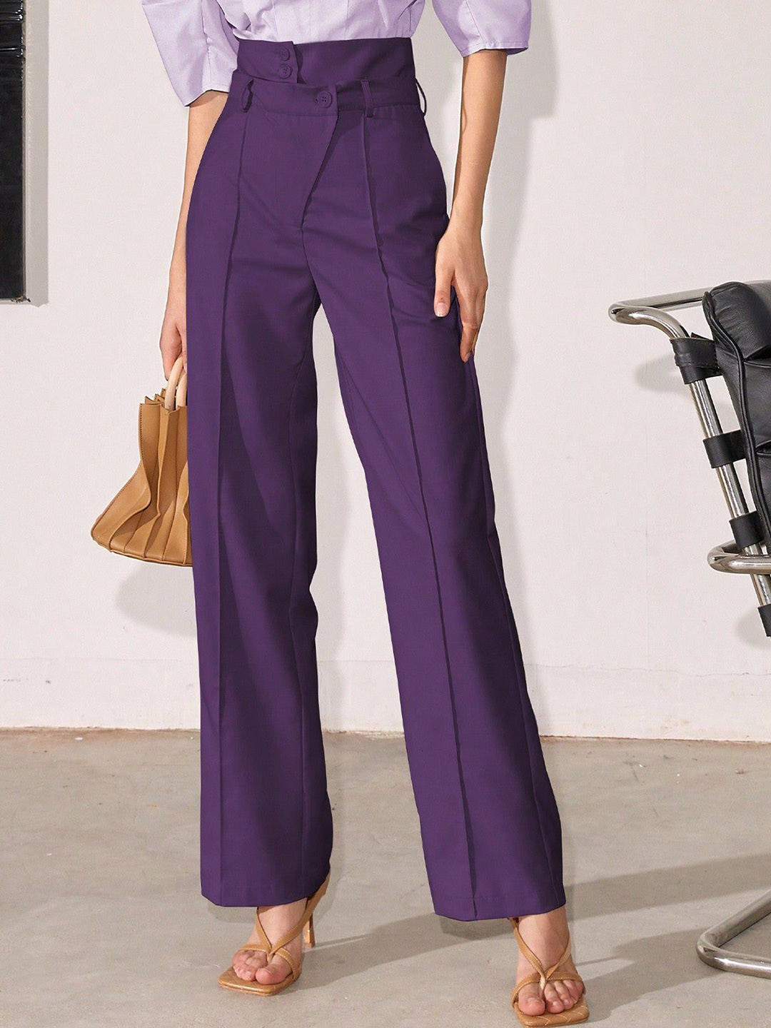 Outzidr Women High Waist Side Button Straight Fit Trousers
