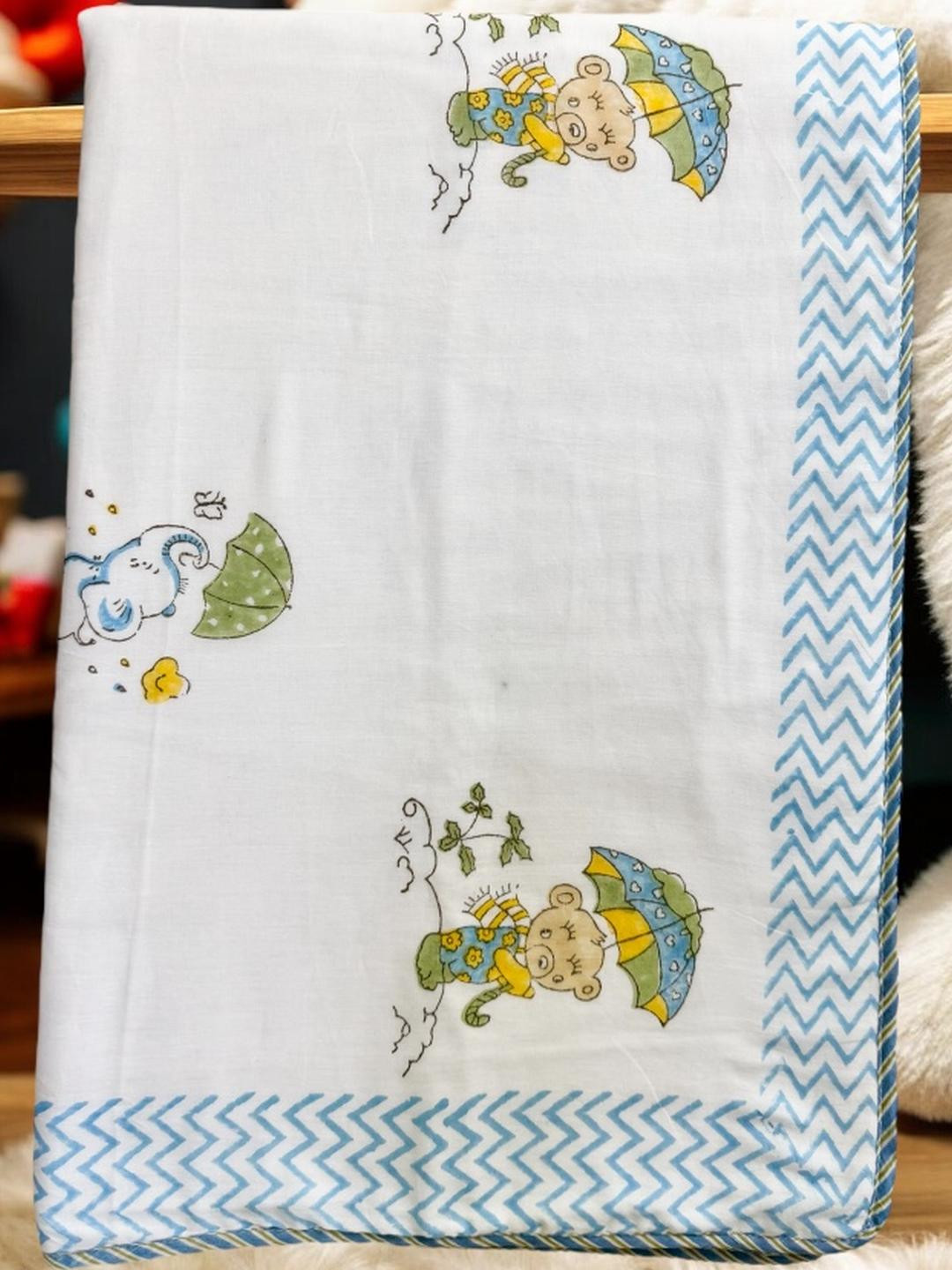 Baby Dohar Blanket, 6090 Inch, Malmal Cotton, Bear Umbrella Print with Blue Chevron Border