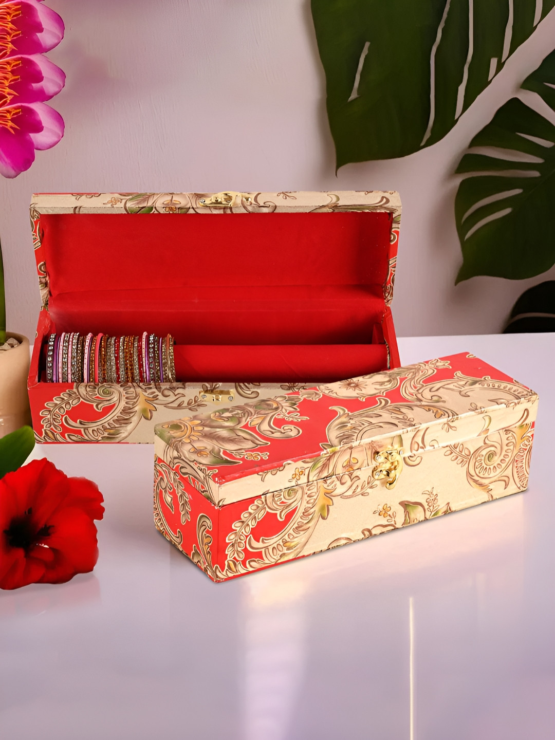 Aura Gold-Toned & Red 2 Pieces Printed Velvet 1 Rod Jewellery Bangle Box Organisers