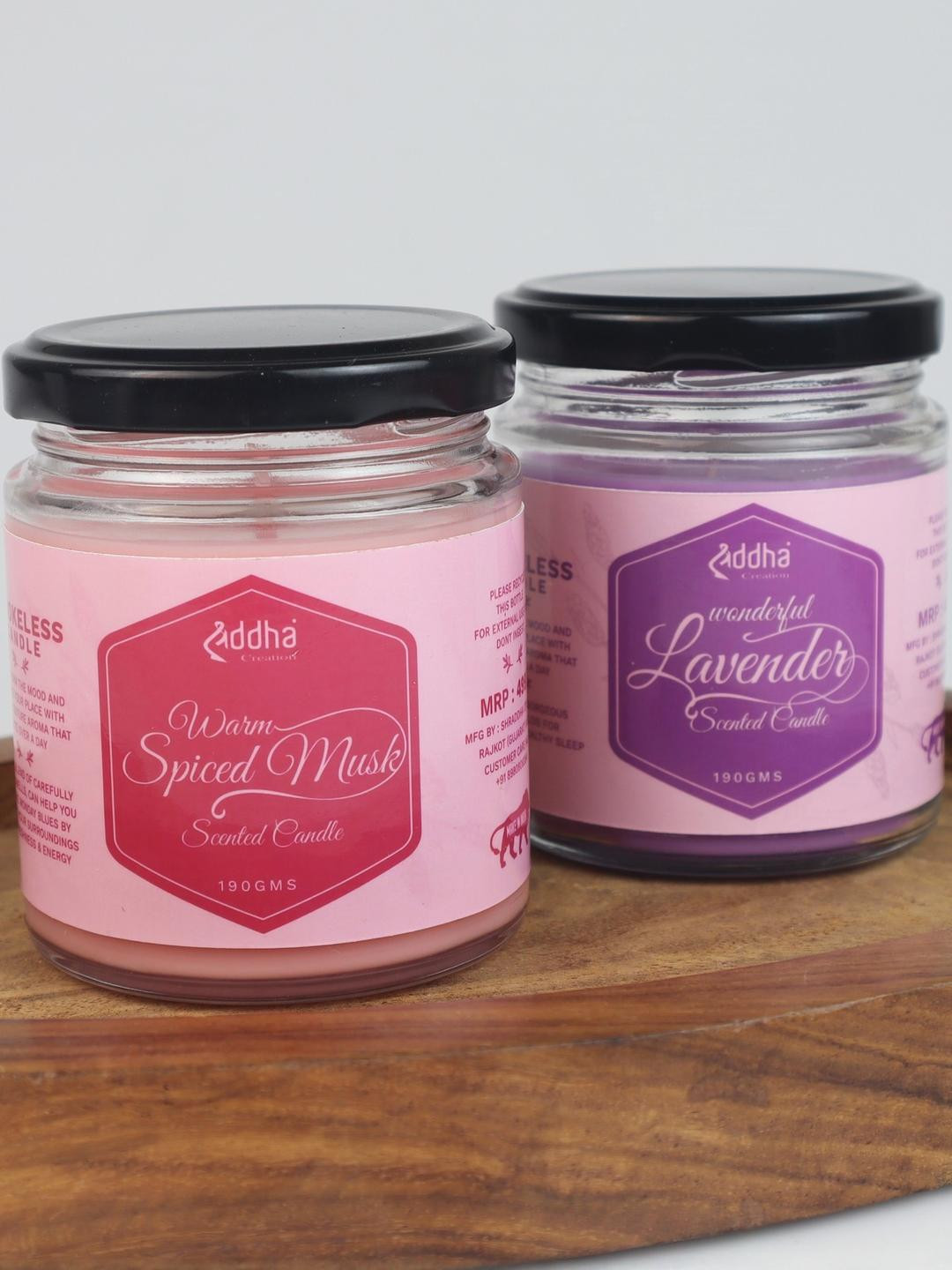 Shraddha Creation Pure Soy Wax Pink Coconut Fragrance Home Decor 2Pcs Spiced Musk, Lavender Jar Candles