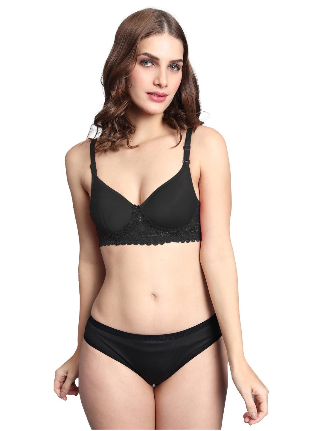 Women Black Cotton Blend Bra Panty Set for Lingerie Set Undergarments Pack of 1