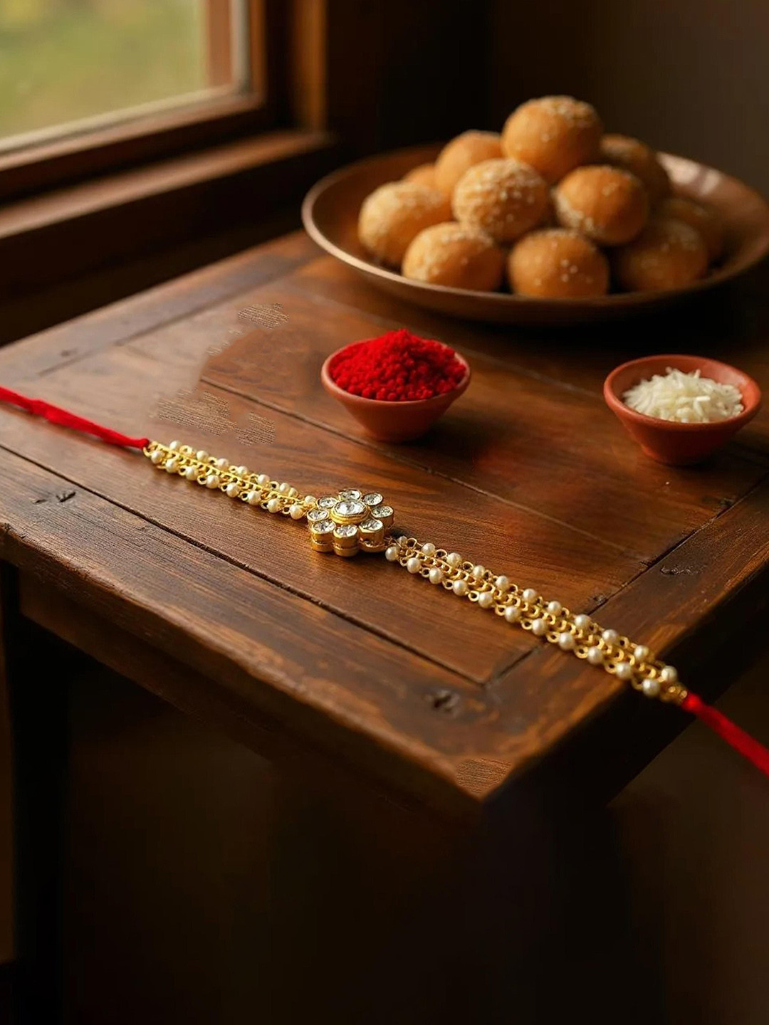 LUCKY JEWELLERY Gold-Plated Rakhi With Roli Rice & Greeting Card