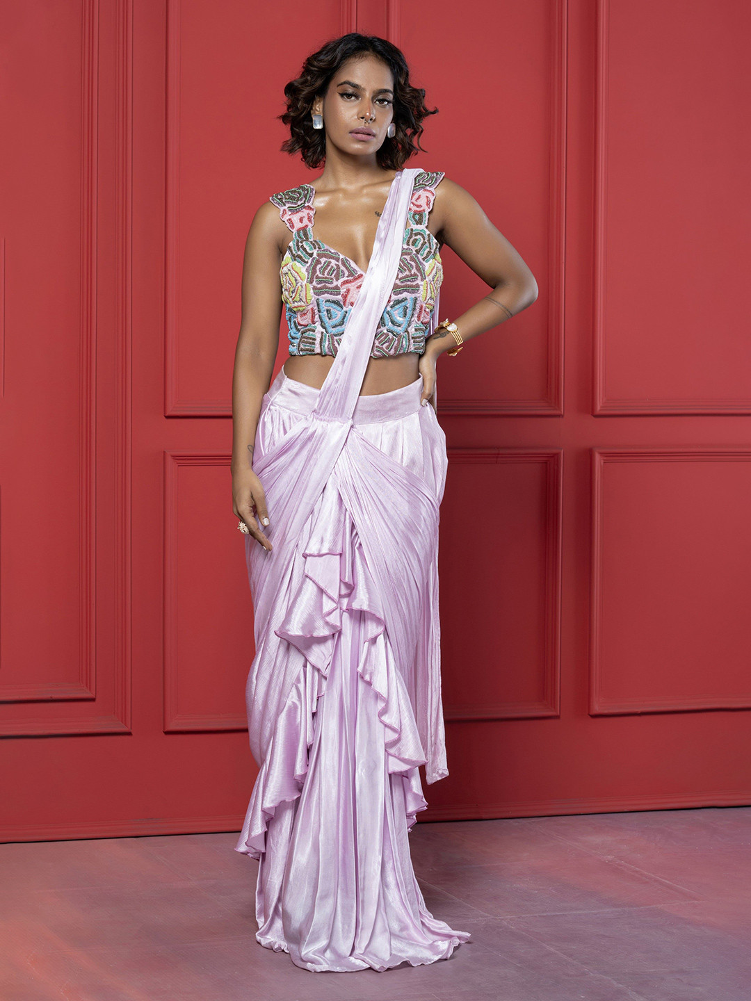 GloballyRonakRBafna Ruffles Ready to Wear Saree with Stitched Blouse