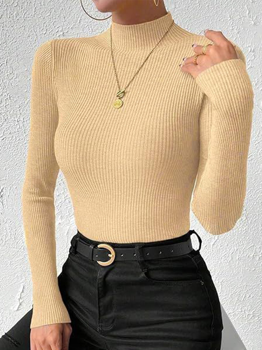 ZEROZABAR Women Vertical Stripes High Neck Fitted Top