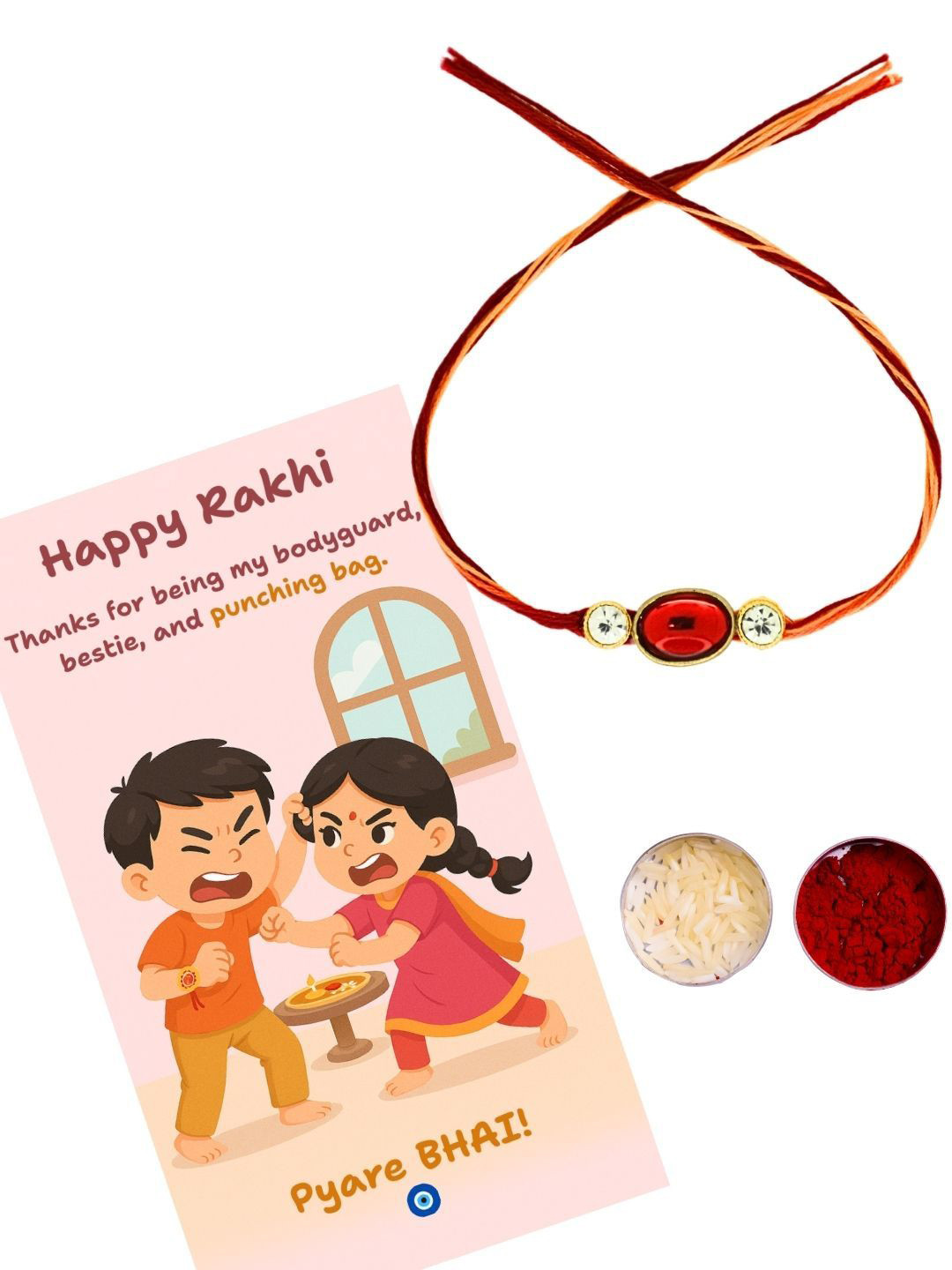 Anouk Stone-Studded Rakhi With Funny Card, Roli & Chawal
