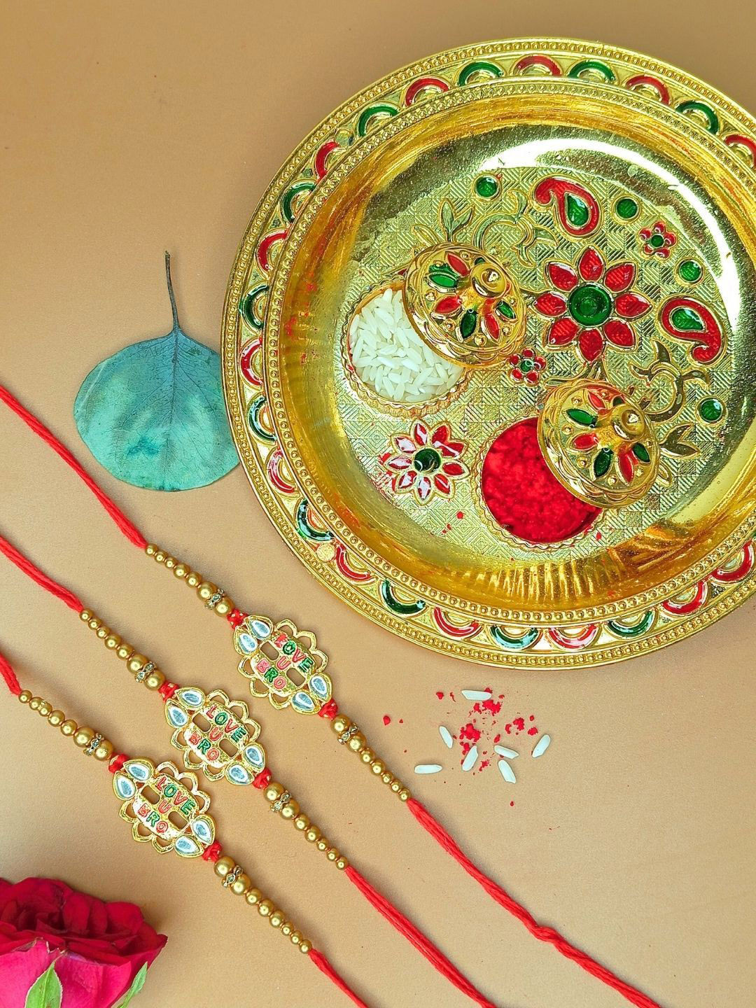 Anouk Set of 3 Love U Bro Rakhis With Pooja Thali Greeting Card & Roli Chawal