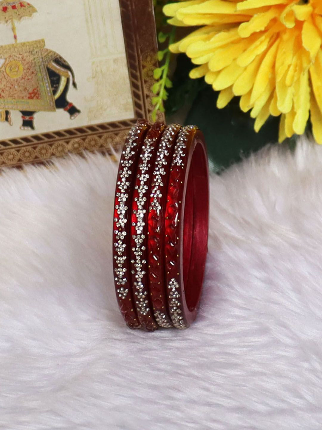 TAJ BRIDAL STORE Set Of 4 Kundan Stone Studded Bangles