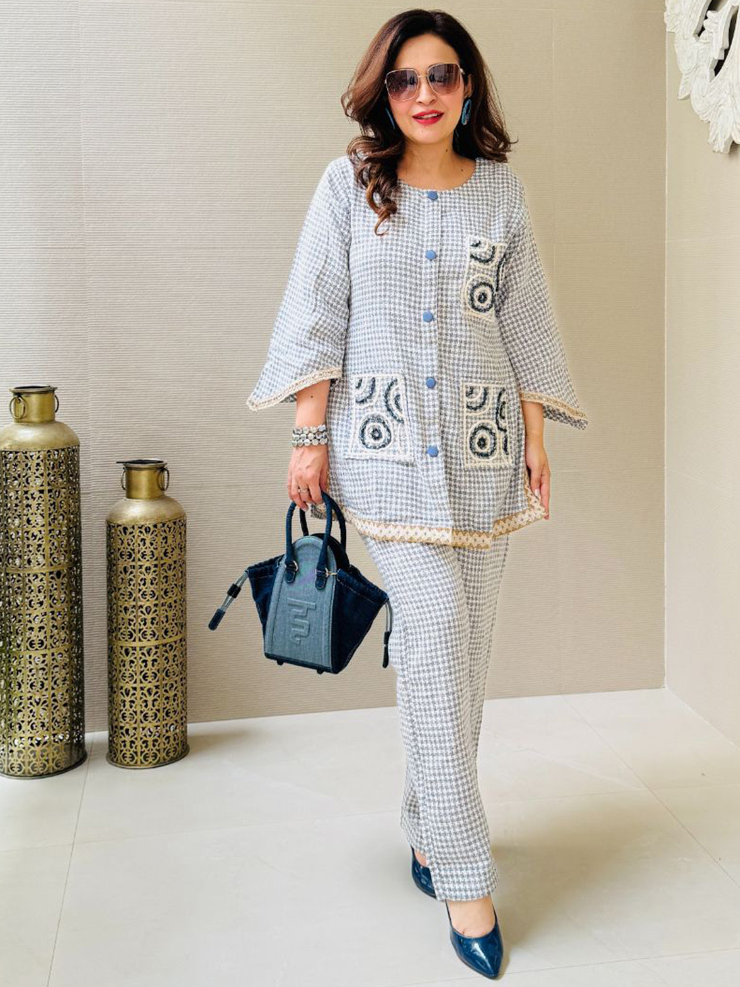 FFI Self Design Round Neck Tunic With Trouser