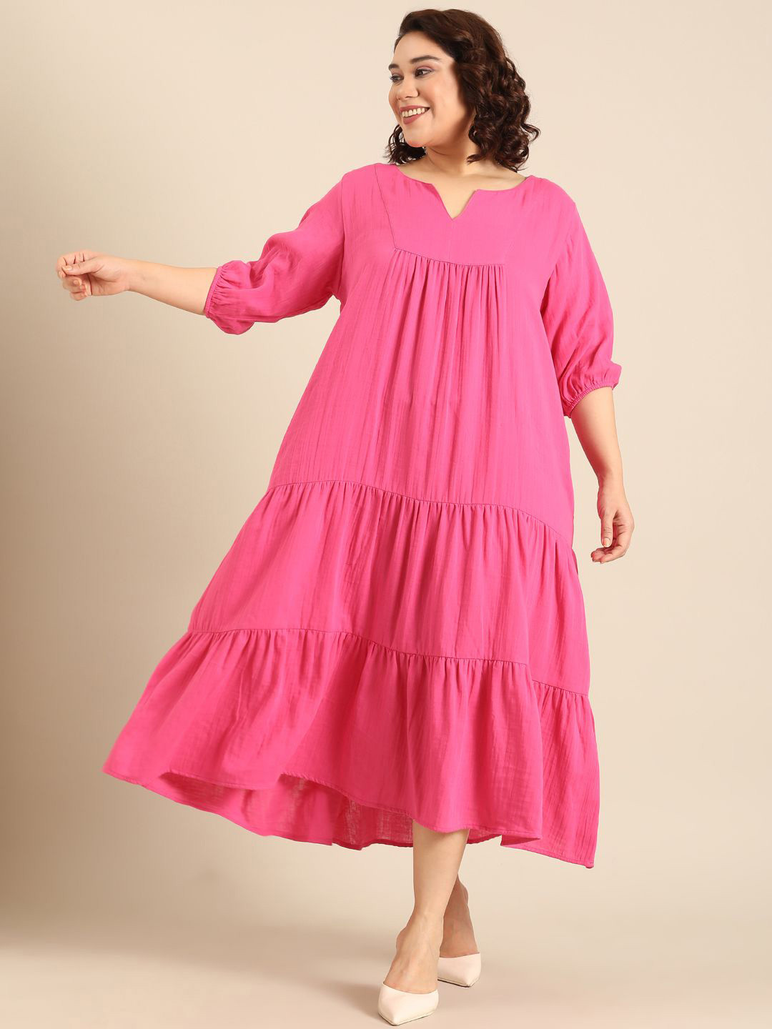 The Pink Moon Women Gathered or Pleated Tiered V-Neck Fit & Flare Midi Dress